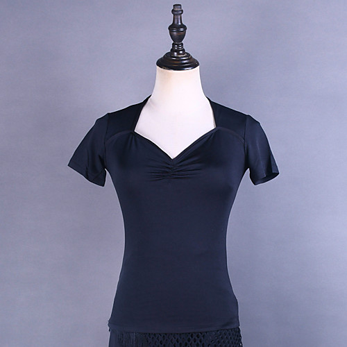 

Latin Ballroom Dance Top Skirts Solid Women's Training Performance Short Sleeve Natural Milk Fiber Black 4XL