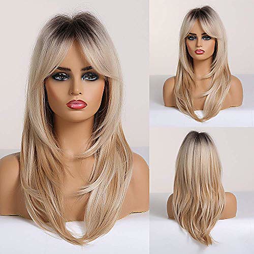 

long curly blonde women's wigs shoulder-length synthetic wigs for women with bangs black root light-blonde hair wigs for white women