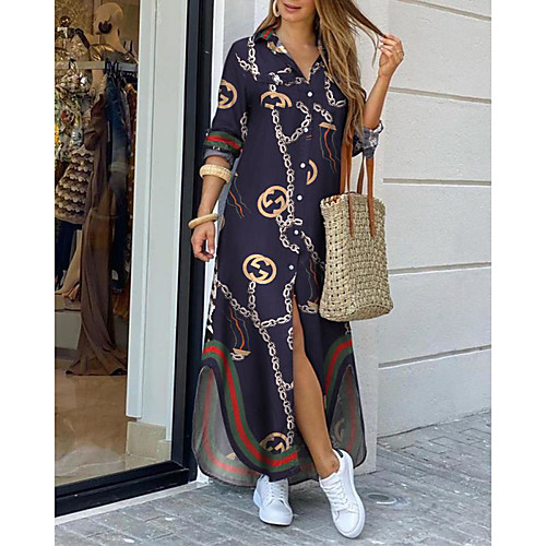 

Women's Swing Dress Maxi long Dress White Black Red Dusty Blue Light Blue Long Sleeve Print Fall Winter Casual 2021 S M L XL XXL