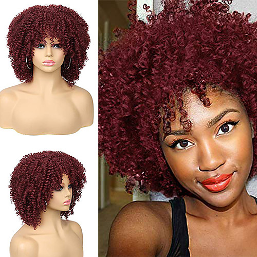 

afro curly wigs short kinky curly full wigs with bangs shoulder length wig heat resistant african american synthetic full wigs for black women (burgundy)