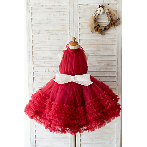 

Ball Gown Knee Length Wedding / Birthday Flower Girl Dresses - Tulle Sleeveless Halter Neck / High Neck with Bow(s)
