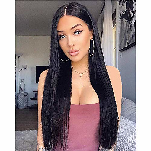 

kryssma black straight synthetic wig with middle parting silk long straight wigs for women 22 inches