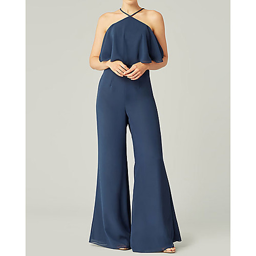 

Jumpsuits Halter Neck Floor Length Polyester Bridesmaid Dress with Ruffles