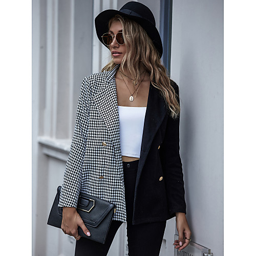 

Women's Trench Coat Houndstooth Patchwork Streetwear Rayon Going out Asian Size Coat Tops Black