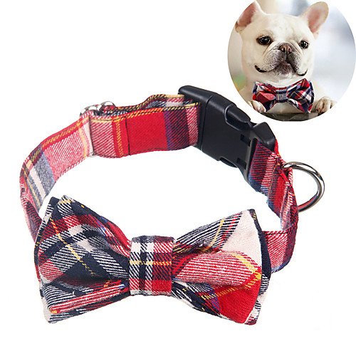 

dog collar with bow tie - adjustable 100% hand made cotton design - cute fashion dog collars with bow ties for small medium large dogs - red,brown,blue,green,yellow plaid stripe pattern