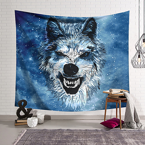 

Wall Tapestry Art Deco Blanket Curtain Hanging Home Bedroom Living Room Dormitory Decoration Polyester Fiber Animal Painted Blue Wolf