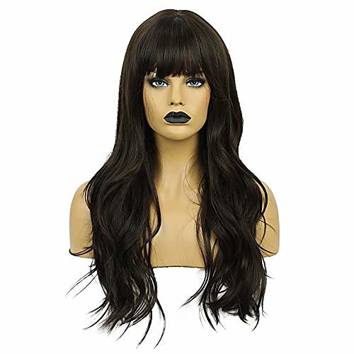 

long dark brown curly wig for women with neat bangs