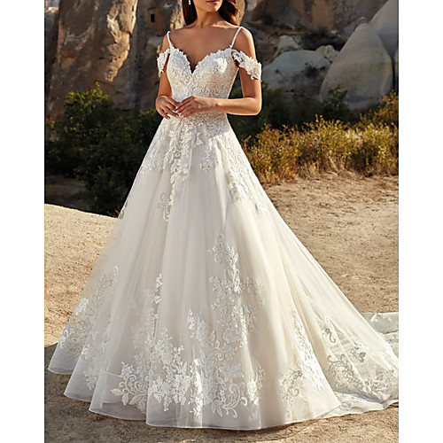 

A-Line Wedding Dresses V Neck Sweep / Brush Train Lace Tulle Sleeveless Country Romantic with Pleats Appliques 2021