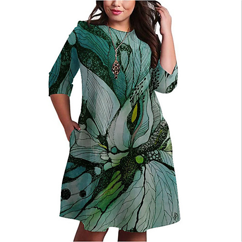 

Women's Shift Dress Knee Length Dress Green 3/4 Length Sleeve Print Print Fall Spring Round Neck Casual 2021 XXL 3XL 4XL 5XL 6XL / Plus Size