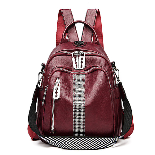 

Women's PU School Bag Commuter Backpack Large Capacity Crystals Zipper Solid Color Daily Outdoor Backpack Wine Black / White Black