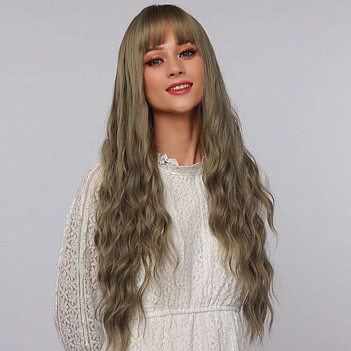 

Cosplay Costume Wig Synthetic Wig Cosplay Wig Curly Water Wave Neat Bang With Bangs Wig Very Long Mint Green Synthetic Hair 26 inch Women's Cosplay Party New Arrival Green Yellow BLONDE UNICORN