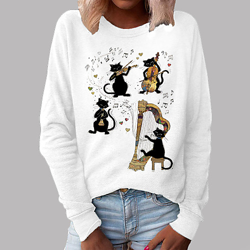 

Women's Pullover Sweatshirt Cartoon Cat Graphic Daily Basic Casual Hoodies Sweatshirts White Blushing Pink Gray