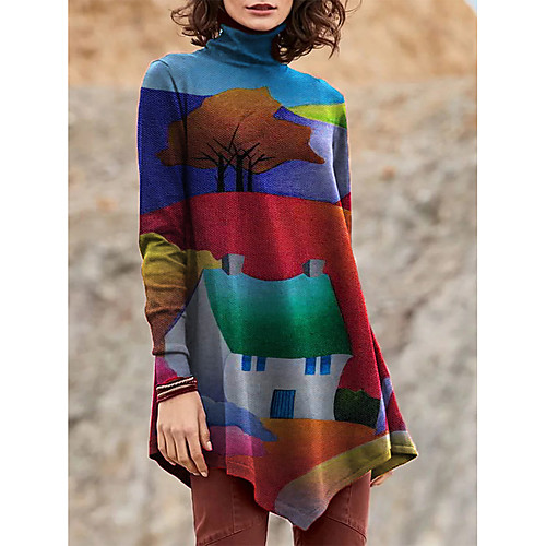 

Women's T Shirt Dress Tee Dress Short Mini Dress Blue Purple Red Yellow Green Long Sleeve Floral Print Color Block Patchwork Print Fall Winter Turtleneck Casual 2021 S M L XL XXL 3XL 4XL 5XL