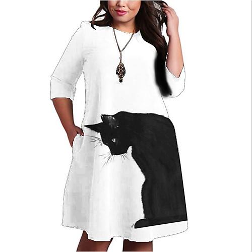 

Women's Normal Print Cat Animal Print Casual 3/4 Length Sleeve Fall Knee Length Dress Shift Dress