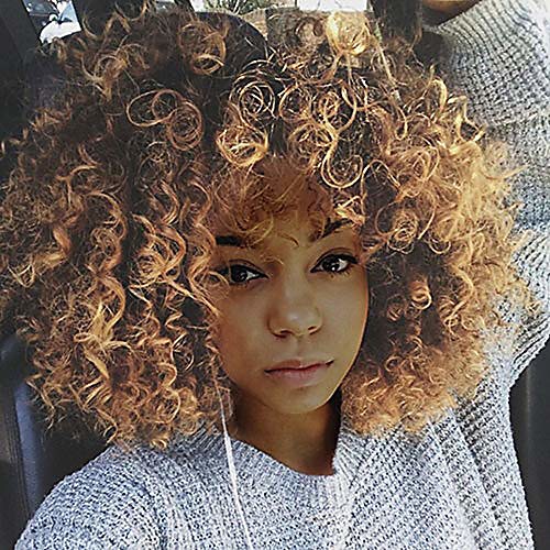 

synthetic african american wigs fluffy kinky hair wig with bangs brown blonde mixed wig short curly wigs for black women heat resistant fiber afro wavy wigs 12'' (gold)