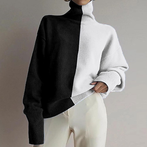 

Women's Stylish Color Block Pullover Long Sleeve Sweater Cardigans Turtleneck Fall Winter Black