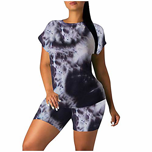 

women 2pcs tracksuit gradient print shorts sets leisure wear outfits running sport suit black