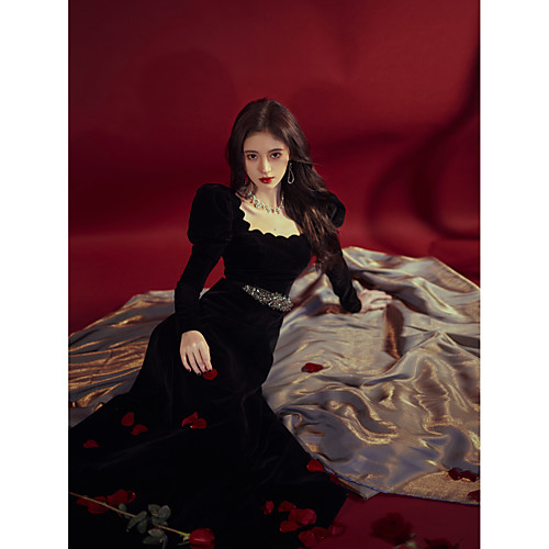 

A-Line Elegant Vintage Prom Formal Evening Dress Scalloped Neckline Long Sleeve Floor Length Velvet with Sash / Ribbon Pleats 2021