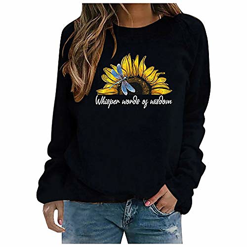 

women sunflower print crewneck sweatshirts casual long sleeve pullover tops shirts sweaters black
