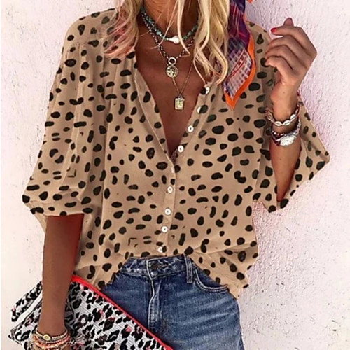

Women's Blouse Shirt Leopard Cheetah Print Print V Neck Tops Loose Elegant Basic Top Khaki