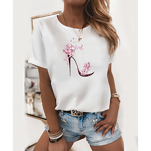 

Women's T shirt Floral Cartoon Graphic Prints Print Round Neck Tops Basic Basic Top White