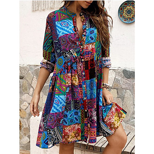 

Women's Swing Dress Knee Length Dress Green Long Sleeve Print Ruched Patchwork Print Fall Turtleneck Casual Vintage 2021 S M L XL XXL 3XL 4XL / Plus Size