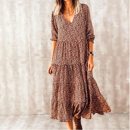 

Women's Swing Dress Midi Dress Brown Long Sleeve Print Print Spring Summer V Neck Casual Holiday Boho vacation dresses Lantern Sleeve Loose 2021 S M L XL XXL 3XL