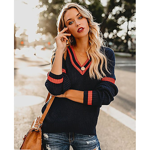 

Women's Stylish Knitted Striped Pullover Long Sleeve Sweater Cardigans V Neck Fall Winter Royal Blue Gray