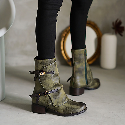 

Women's Boots Chunky Heel Round Toe Mid Calf Boots Casual Preppy Daily Office & Career Suede PU Buckle Solid Colored Army Green Khaki / Mid-Calf Boots