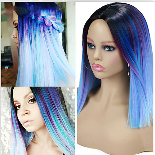 

Ombre Short Bob Synthetic Wig Blue Purple Rainbow Colorful Straight Hair Middle Part Cosplay Heat Resistant Fiber For Women