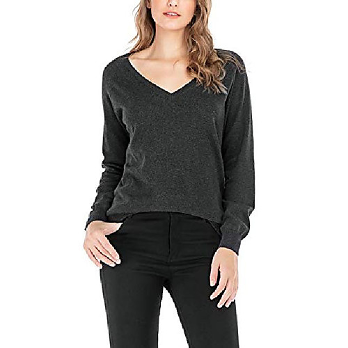 

women's cotton deep v neck jumpers relaxed fit soft knit long sleeve basic sweater pullover for fall winter (dark grey, small)