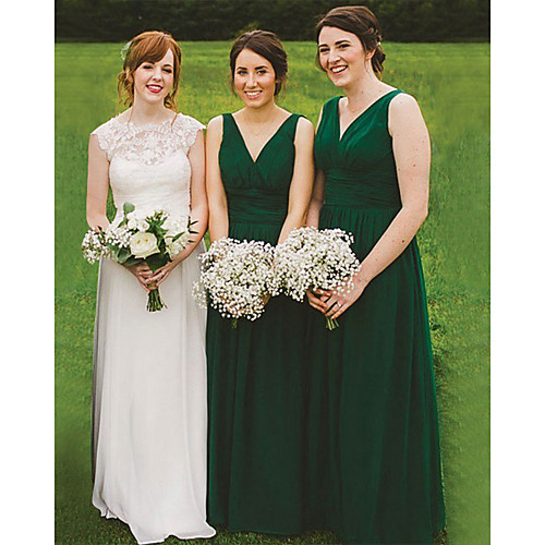 

A-Line V Neck Floor Length Chiffon Bridesmaid Dress with Pleats / Ruching