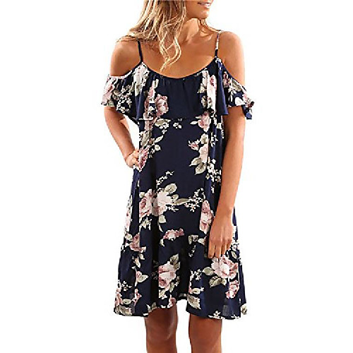 

summer dress floral print beach dress short sleeve round neck sundresses off the shoulder evening party dress(blue l)