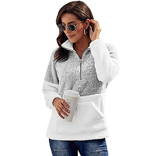 

womens casual fluffy fleece sweatshirt sherpa pullover tops outwear with pocket grey small