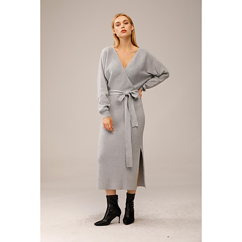 

Women's High Split Knitted Solid Color Cardigan Long Sleeve Sweater Cardigans V Neck Fall Winter Light gray