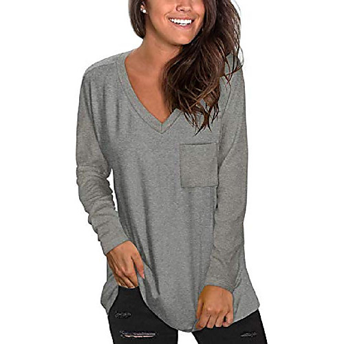 

women loose long sleeve shirts v neck casual fall tunic tops to wear with leggings deep gray large