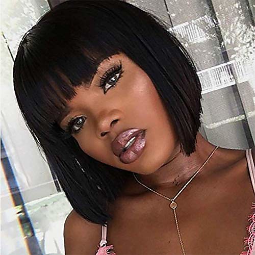 

10 inch bob wigs with straight flat bangs none lace front wigs medium long wigs for women (natural black)