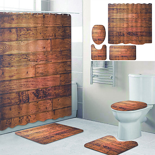 

Old Wooden Board Printed Bathtub Curtain Liner Covered With Waterproof Fabric Shower Curtain For Bathroom Home Decoration With Hook Floor Mat And Four-piece Toilet Mat