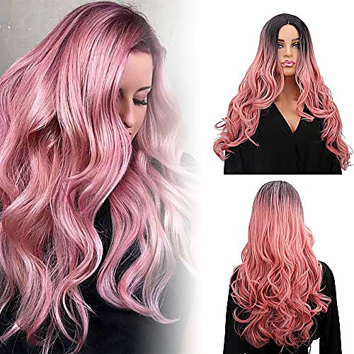 

women's long curly fancy dress wigs ombre pink cosplay costume ladies wig party free wig cap (ombre rose pink)