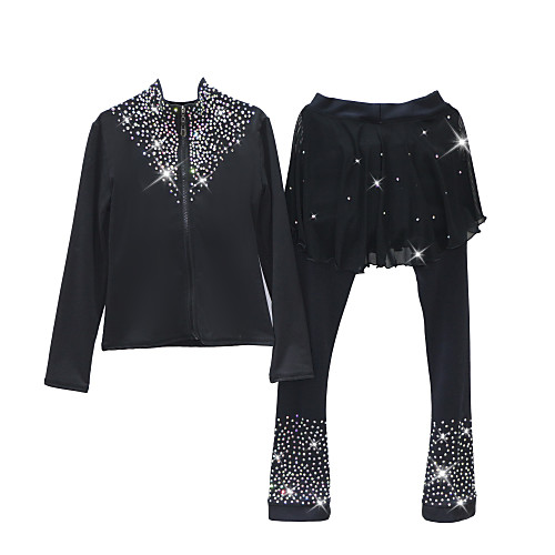 

Figure Skating Jacket with Pants All Ice Skating Pants / Trousers Top Black Glitter Spandex Stretchy Training Skating Wear Warm Handmade Solid Colored Crystal / Rhinestone Long Sleeve Ice Skating