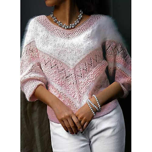 

Women's Knitted Hole Color Block Pullover Long Sleeve Sweater Cardigans V Neck Fall Winter Light Blue Blushing Pink