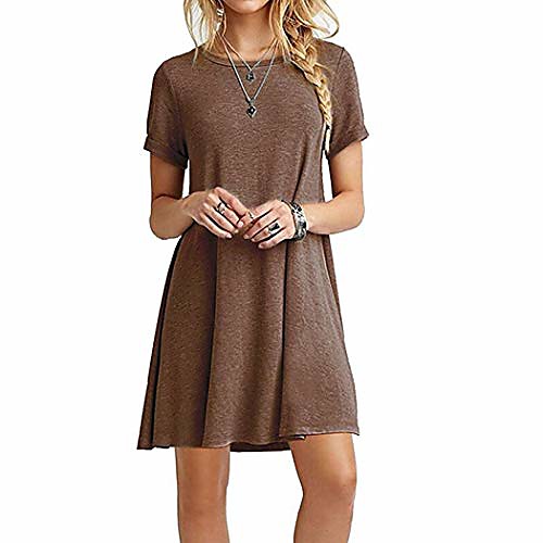 

women casual o-neck short sleeve solid mini dress dresses dark coffee