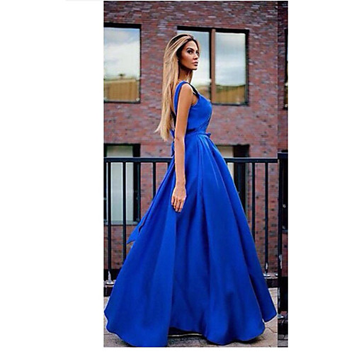 

Women's A Line Dress Maxi long Dress Blue Sleeveless Solid Color Backless Ruched Patchwork Fall Spring V Neck Elegant Sexy 2021 S M L XL XXL