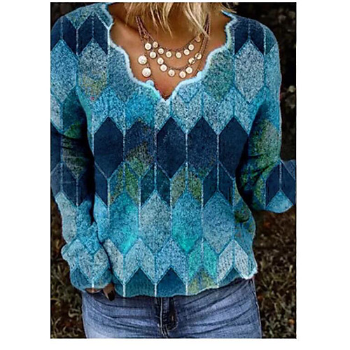 

Women's Tunic Color Block Long Sleeve Patchwork Print Asymmetric V Neck Tops Basic Top Blue Red Yellow
