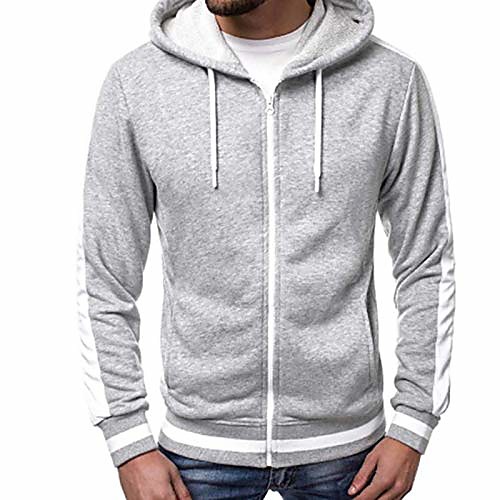 

mens casual jacket full-zip slim fit sport hoodie lightweight color matching stripes pullover light gray 3xl