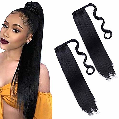 

2pieces 24inch long black straight ponytail hair extension wrap around ponytail extensions synthetic clip in ponytail hair extensions hairpiece for women