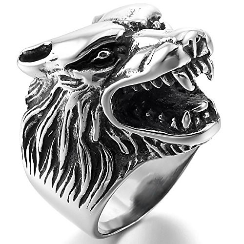 

men's stainless steel ring silver tone black wolf head size12