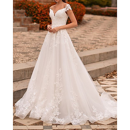 

A-Line Wedding Dresses V Neck Sweep / Brush Train Lace Tulle Sleeveless Country Formal Luxurious with Appliques 2021
