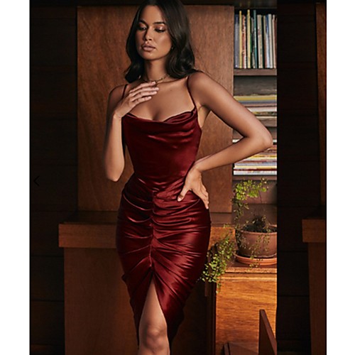 

Women's Sheath Dress Knee Length Dress Wine Sleeveless Solid Color Backless Split Ruched Fall Square Neck Casual Sexy 2021 S M L