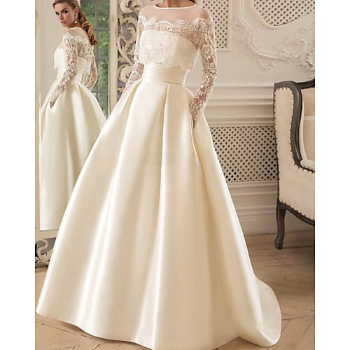 

A-Line Wedding Dresses Jewel Neck Floor Length Lace Satin Long Sleeve Formal Luxurious with Pleats Beading Appliques 2021